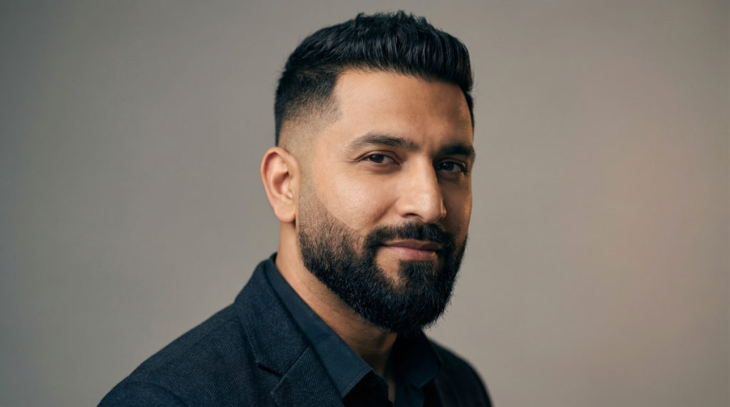 cinematic portrait confident man faded beard style