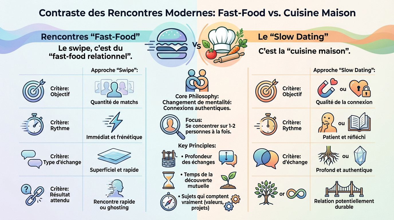 Slow dating : lassé du Swipe ? Le grand retour des sites de rencontres basés sur l'échange" 3 Illustration métaphorique comparant le fast-food relationnel des applications de swipe à la cuisine maison du slow dating
