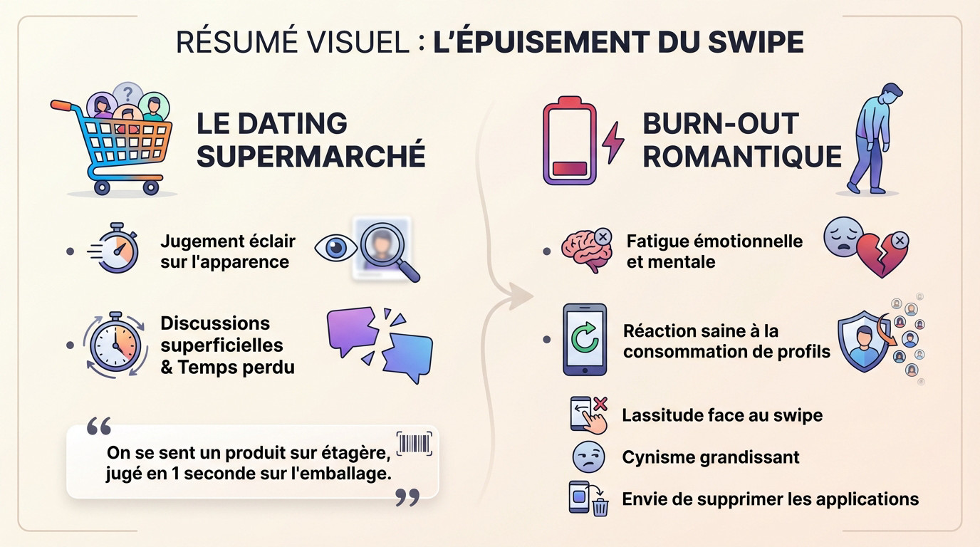 Slow dating : lassé du Swipe ? Le grand retour des sites de rencontres basés sur l'échange" 2 Schéma illustrant le cycle de l'épuisement du swipe et la fatigue des rencontres en ligne