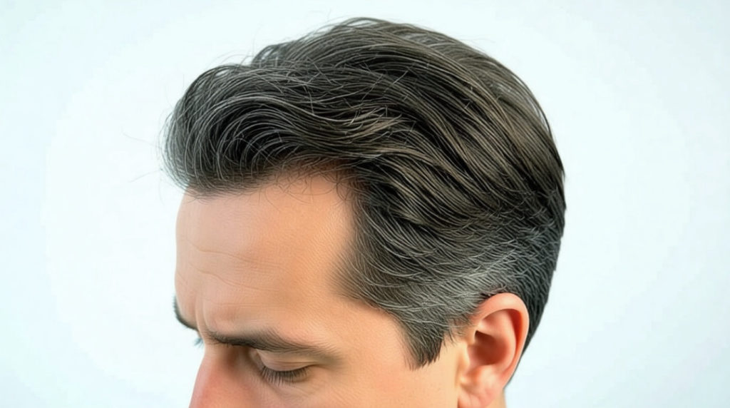 Profil d'un homme aux cheveux foncés et grisonnants, coiffés en arrière. La coupe est nette et élégante, montrant une raie naturelle.