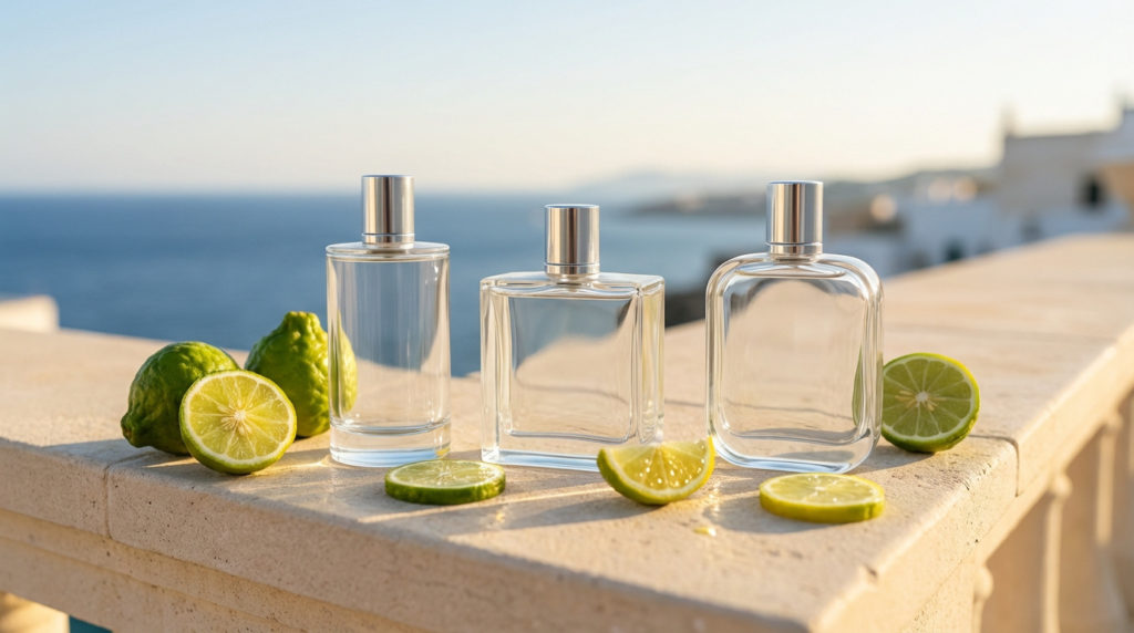 Trois flacons de parfum transparents et des bergamotes sur un muret en pierre, mer scintillante et ciel bleu en arrière-plan.