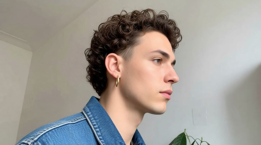Blog beauté homme 8 Jeune homme de profil avec une wolf cut bouclée, une veste en jean et une boucle d'oreille créole dorée.