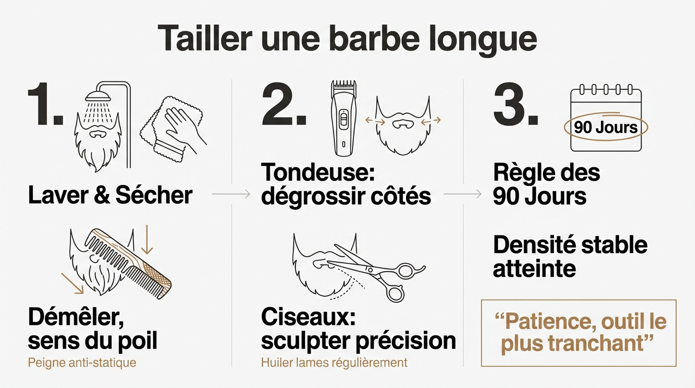 Comment tailler une barbe longue ? 1 Homme barbu utilisant des ciseaux pour tailler sa barbe longue avec précision