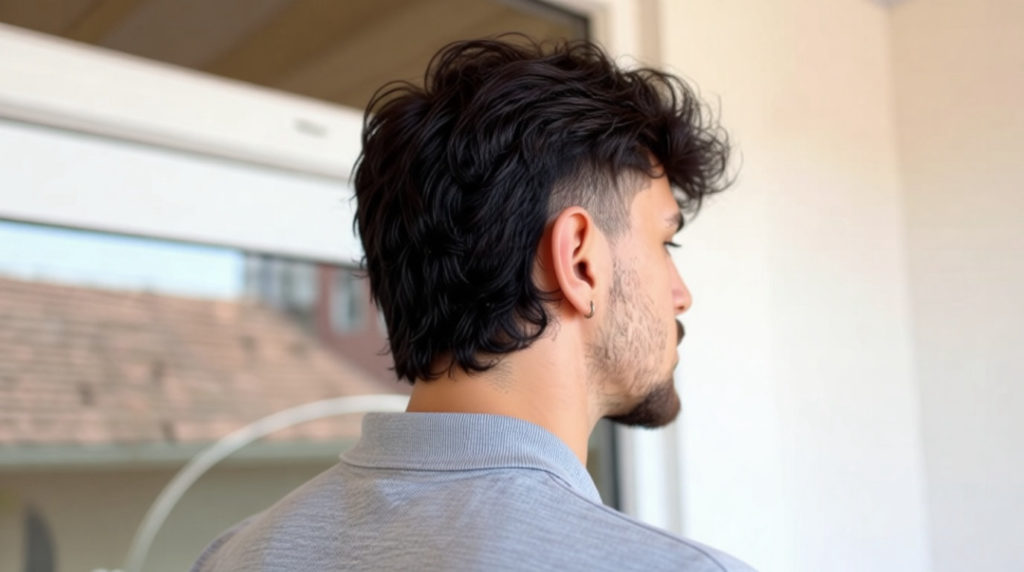 Blog beauté homme 6 Homme de profil avec un mulet moderne, cheveux noirs ondulés, côtés courts, arrière long, barbe et boucle d'oreille.