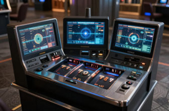 Gros plan sur une machine à sous moderne avec trois écrans affichant des interfaces futuristes et des rouleaux de jeu.