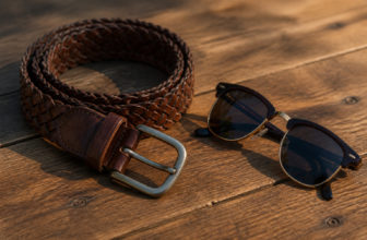 Une ceinture en cuir tressé marron et des lunettes de soleil vintage posées sur une table en bois sous un soleil chaud.