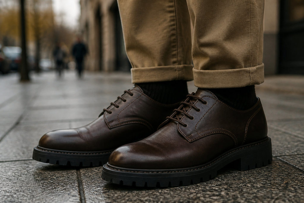 Blog beauté homme 7 Homme portant des chaussures derby en cuir marron et un pantalon chino beige sur un trottoir urbain.