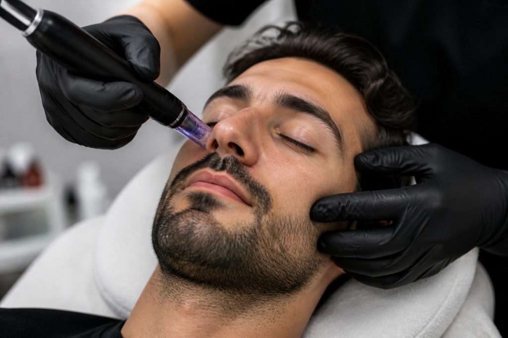 Un homme recevant un soin du visage par microneedling avec des gants noirs en arrière-plan.