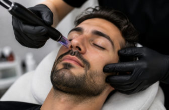 Un homme recevant un soin du visage par microneedling avec des gants noirs en arrière-plan.